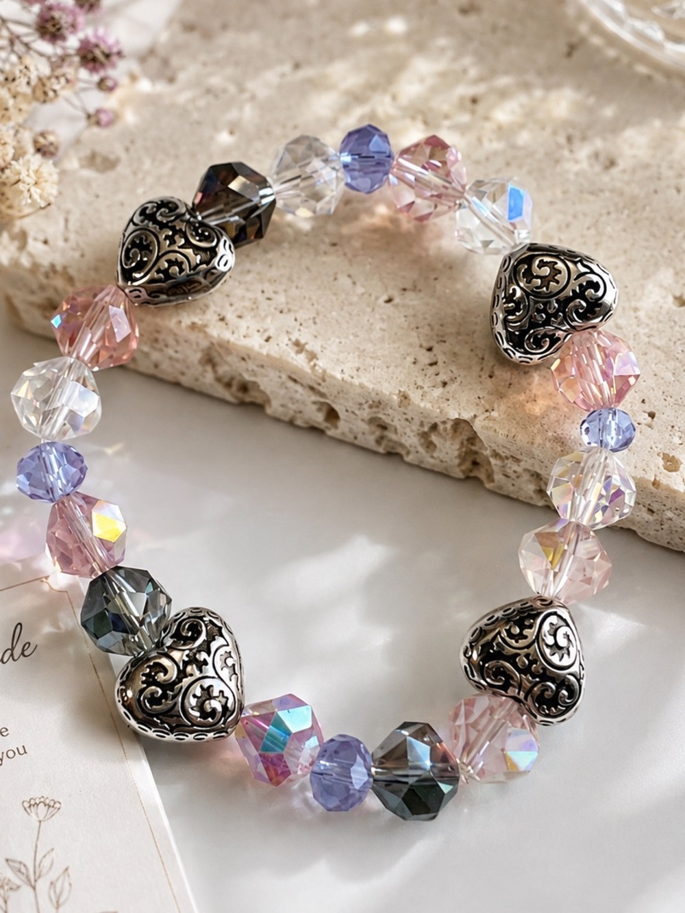 Iridescent Crystal Heart Stretch Bracelet - Pink & Silver Handcrafted
